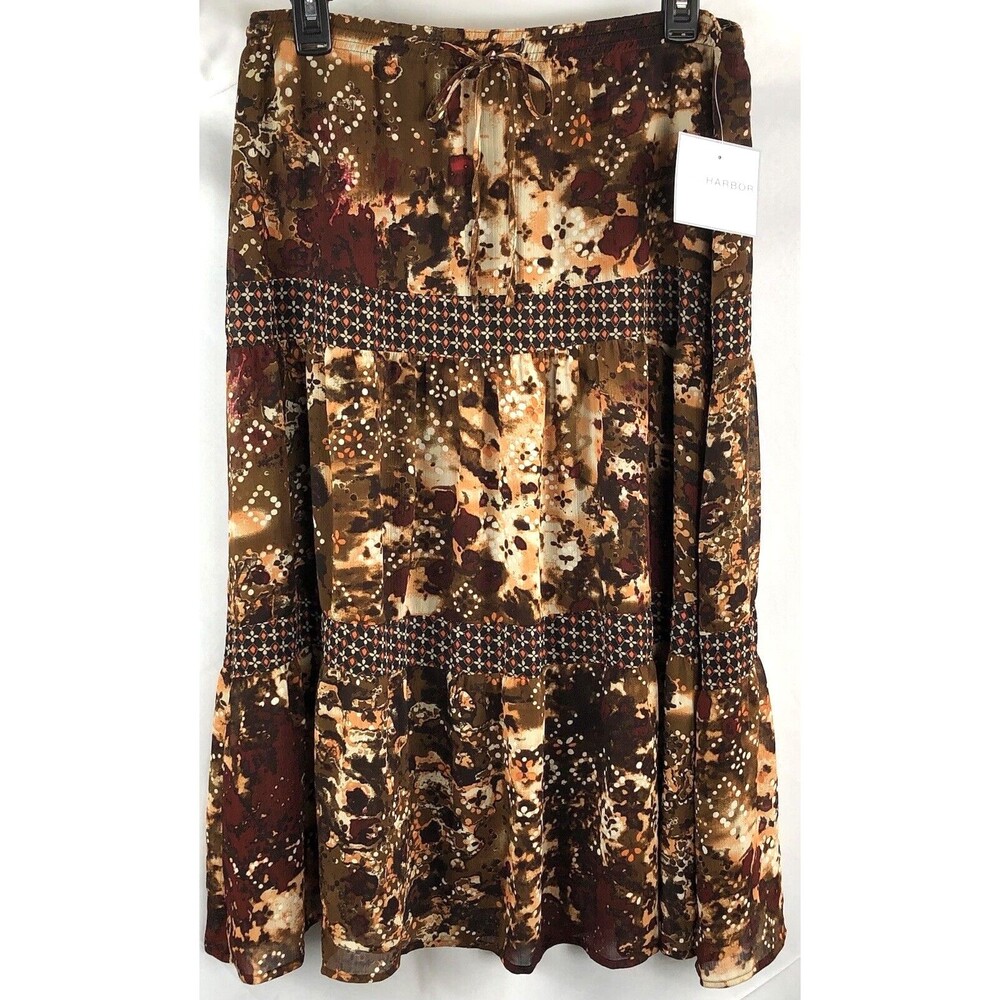NWT Sag Harbor Midi Crepe Chiffon Skirt 12 Brown Bohemian 30"W Gypsy Broomstick